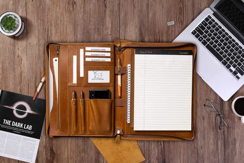 Vista 6 de Portafolio Carpeta Profesional de Cuero Genuino con Cremallera para Hombres y Mujeres, Portafolio de Trabajo con Bloc de Notas para Reuniones
