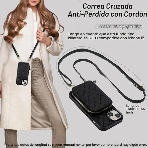 Vista 5 de Bocasal Funda tipo cartera con bandolera para iPhone 15, de cuero PU con bloqueo RFID, con cierre de cremallera, cartera tipo bolso con función Negro