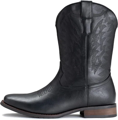 Vista 6 de IUV Botas de Vaquero para Hombre de Pie Ancho Punta Cuadrada Botas Occidentales con Bordado Clásico Duraderas Sin Cordones Negro