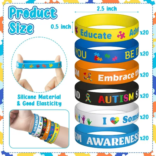 Vista 2 de WATINC Pulseras de silicona para concientización sobre el autismo, 6 piezas de rompecabezas coloridas, cintas elásticas, pulseras de goma