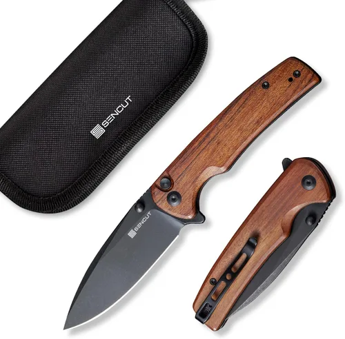 Vista 7 de SENCUT Cuchillo de bolsillo plegable Sachse para EDC, mango de madera Micarta verde, hoja de 9Cr18MoV, cuchillo plegable con clip, bloqueo de botón