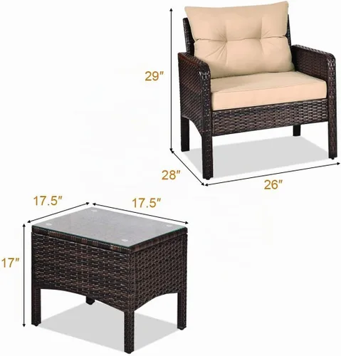 Vista 5 de ORALNER Juego de 3 piezas para conversación de patio, sofá de mimbre para todo tipo de clima y mesa auxiliar con cojines gruesos, muebles de Marrón