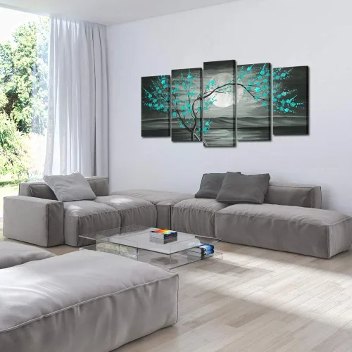 Vista 4 de KREATIVE ARTS Lienzo grande de 5 piezas de impresiones artísticas para pared, color verde azulado, gris, ciruelo, árbol de flor de ciruelo, pinturas