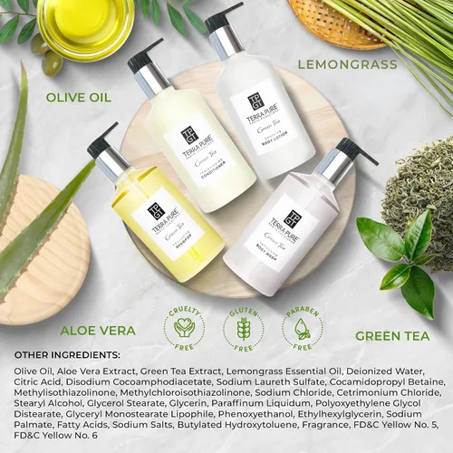 Vista 4 de 1-Shoppe Terra Pure Ecobox Kit de Amenidades Jabón de té verde Champú, acondicionador, loción corporal, gel de baño 10.14 oz Artículos