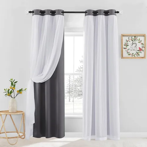 Vista 42 de PONY DANCE Cortinas Opacas con Superposición de Gasa, Cortinas de Doble Capa con Aislamiento Térmico Mix & Match para Oscurecer Habitaciones