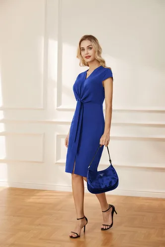 Vista 3 de GRACE KARIN Vestidos midi de verano para mujer, manga casquillo, cintura con lazo, vestido de trabajo con abertura en V y cuello en V, vestido