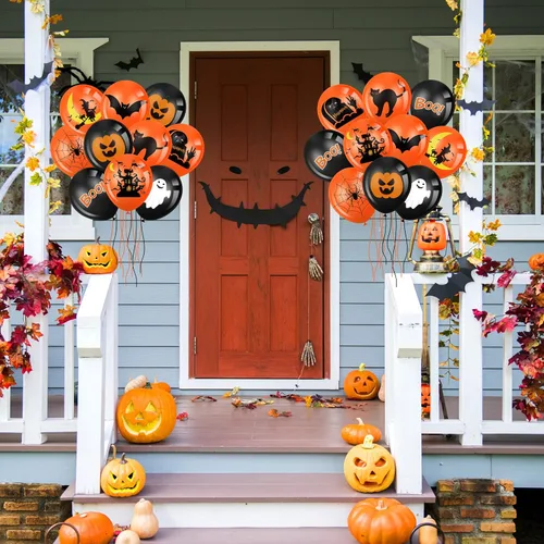 Vista 4 de Aoriher 45 globos de fiesta de Halloween, globos de látex negro naranja feliz Halloween impresos con calabaza, fantasma, murciélago, telaraña, bruja