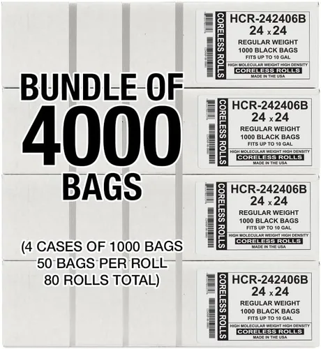 Vista 2 de Aluf Plastics Bolsas de basura de alta densidad, 10 galones, 4000 unidades, 6 micras (eq), 24 x 24 pulgadas, negras, para baño, oficina, industrial