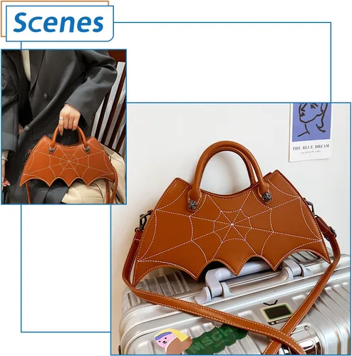 Vista 6 de Ovida Bolso de hombro con ala de murciélago, bolso de Halloween de piel sintética, bolso cruzado de tela de araña, bolso gótico de murciélago