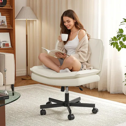 Vista 9 de DurayLoly Silla Criss Cross con Ruedas, Silla de Oficina con Patas Cruzadas con 2 Capas de Cuero Comfty & Back, Silla de Tocador Ancha sin Brazos