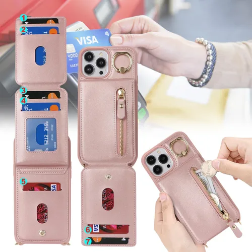 Vista 3 de Funda para iPhone 13 Pro Max, de piel sintética con tarjetero para mujer, 7 ranuras, función atril, absorbente de golpes, color oro rosa