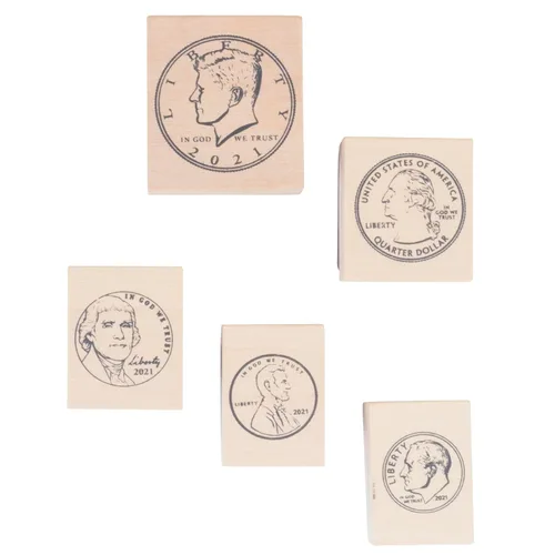 Vista 6 de READY 2 LEARN Sellos de monedas – Cabezas – Juego de 5 – Sellos de madera para monedas, matemáticas y actividades de bricolaje – Uso para tarjetas