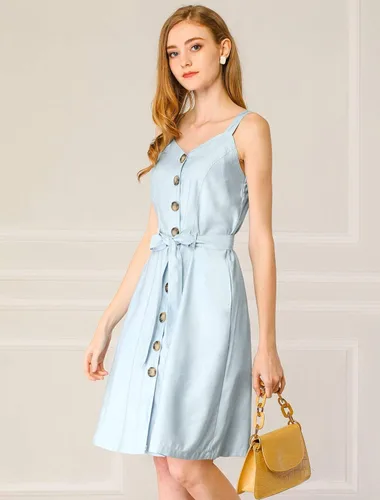Vista 3 de Allegra K - Vestido de mujer con cuello corazón y bolsillos con cinturón con botón frontal y correa de espagueti