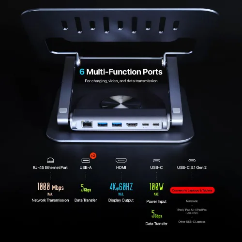 Vista 3 de ADAM elements Hub Stand Pro 6 en 1 USB-C - Estación de acoplamiento para laptop, soporte plegable para laptop con HDMI 4K, PD de 100 W y USB 3.0
