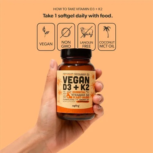 Vista 4 de sapling Suplemento vegano de vitamina D3 + K2 con aceite MCT de coco - 4000 UI de vitamina D y 100 mcg de vitamina K2 como Mk7 - Absorción