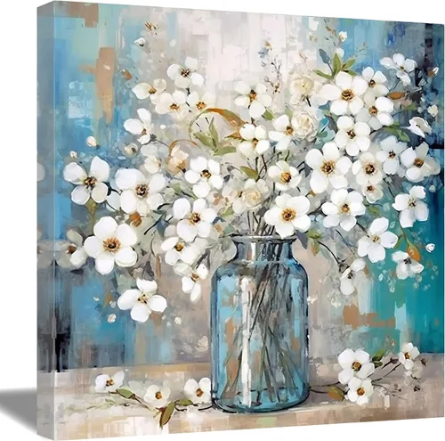 Vista 7 de QIXIANG Lienzo decorativo para pared, diseño de flores blancas, amarillas, azules, margaritas, ramo en un jarrón, impresiones para baño, cocina