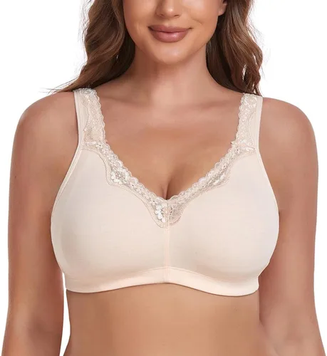 Vista 2 de TELIMUSSTO Sujetador de encaje de algodón suave de talla grande para mujer, cobertura completa, sin varillas, sin relleno