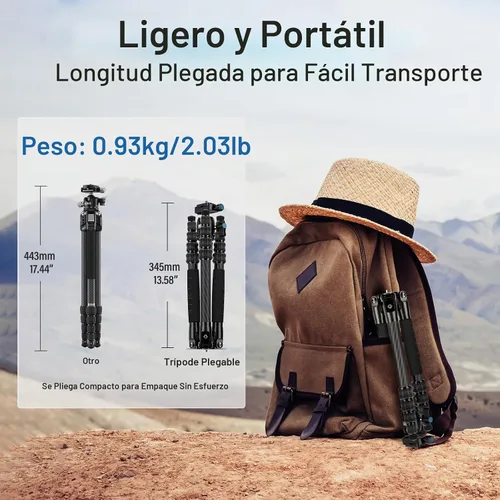 Vista 2 de SIRUI Trípode de Viaje Ligero de Fibra de Carbono, Trípode de Cámara Compacto de 52" con Kit de Cabeza de Bola de 360°, Columna Central Desmontable