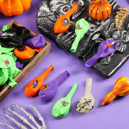 Vista 4 de Decoración de 50 globos de Halloween, adorables globos de látex de calabaza y araña espeluznante, fiesta de primer cumpleaños, suministros de ducha
