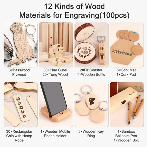 Vista 10 de Csyidio 300 piezas de material de grabado láser, 40 tipos de accesorios de grabado láser con instrucciones, suministros de grabado láser que