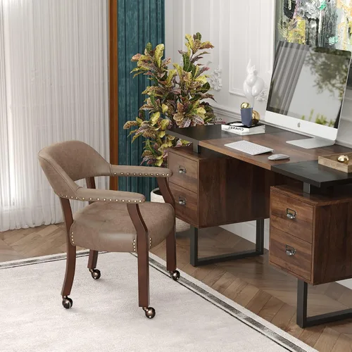 Vista 28 de Silla de comedor con ruedas y brazos, sillas de póker de PU, gris antiguo