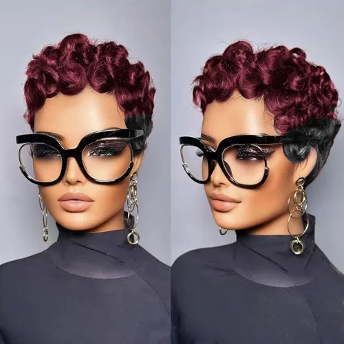 Vista 17 de Pelucas cortas de cabello humano estilo Pixie para mujeres negras, cabello brasileño virgen, corte natural marrón, sin pegamento, con flequillo