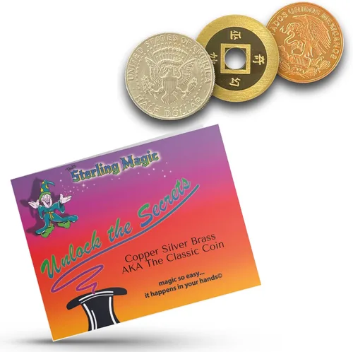Vista 6 de Ted's Sterling Magic Truco de cobre y plata de latón con medio dólar de Estados Unidos, moneda china y centavo mexicano