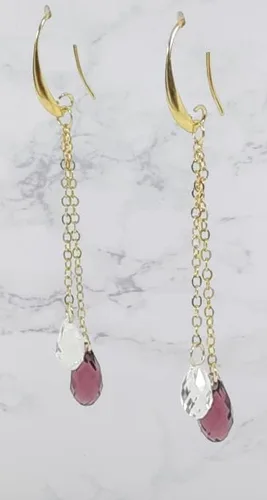 Vista 8 de Aretes colgantes extra largos de 2 cadenas de oro de 14 quilates con cristales austriacos raros chapados en puro gota para mujeres, San Valentín