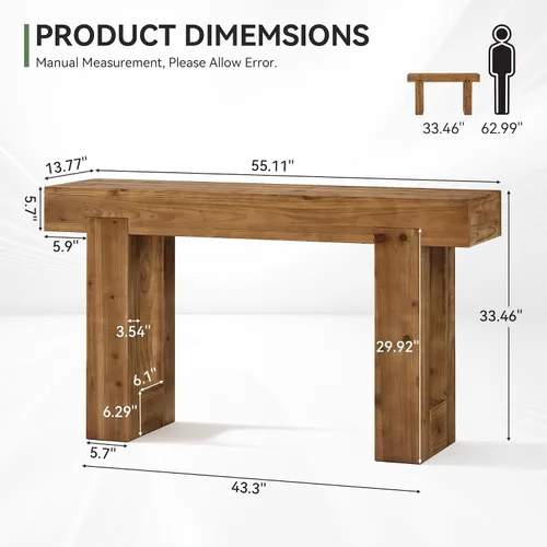 Vista 2 de Mesa consola de madera maciza, mesa de sofá de granja de 55 pulgadas detrás del sofá, consola rectangular con doble base para entrada, pasillo, sala