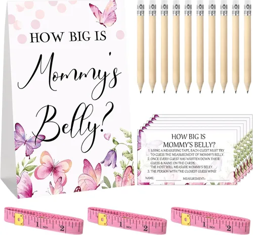 Vista 50 de Sabary 64 Piezas Juegos de Baby Shower Incluyen Letrero How Big is Mommy's Belly Sign Measure Bump Game 50 Tarjetas 10 Lápices 3 Cintas Métricas