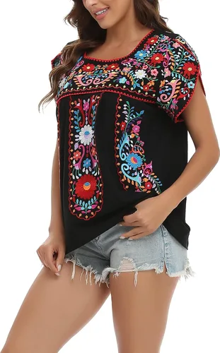 Vista 5 de YZXDORWJ Blusa de verano para mujer, estilo bohemio, estilo mexicano, con bordado, estilo bohemio
