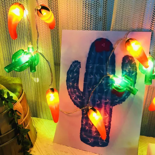 Vista 5 de Guirnalda de luces artificiales de cactus verde chile rojo, 20 LED, luces de noche de hadas de Navidad, funciona con pilas, para decoración de bodas