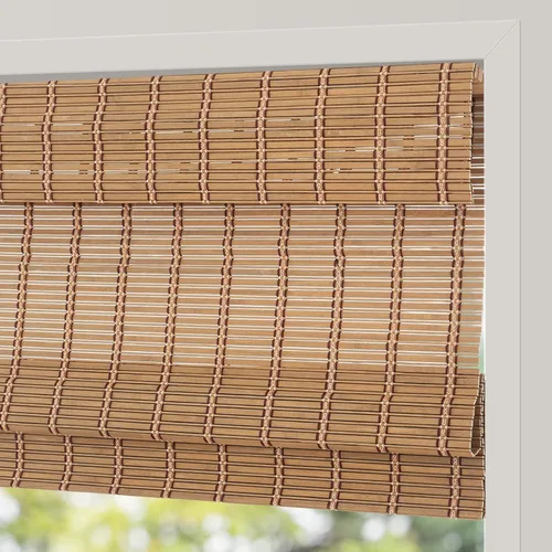 Vista 10 de Persianas Romanas de Bambú Sin Cordón con Oscurecimiento Total, Persianas Enrollables de Madera con Filtrado de Luz y Protección UV con Cenefa de 6