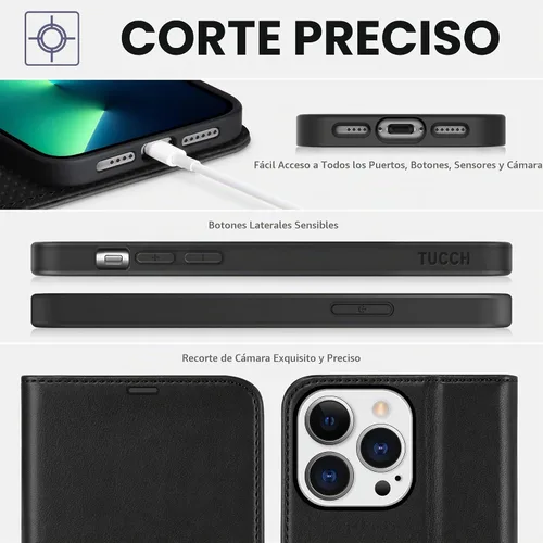 Vista 8 de TUCCH Funda tipo cartera para iPhone 13 Pro Max (6.7") 2021, 4 tarjeteros Negro