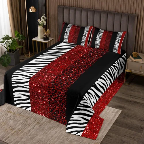 Vista 12 de Juego de colcha con lazo para niños, tamaño individual, diseño de cebra y leopardo con purpurina, decoración de habitación para niñas y mujeres