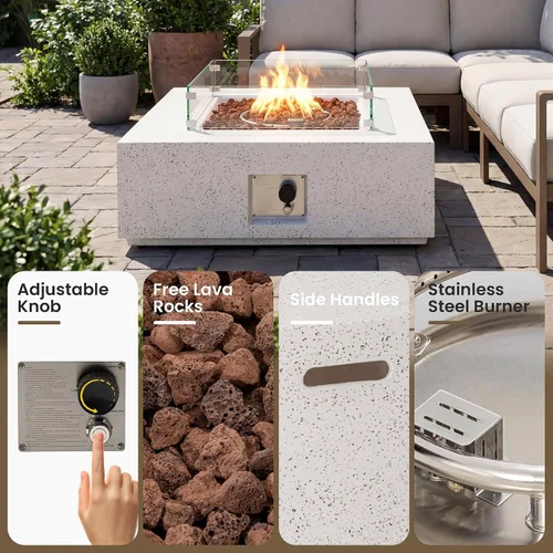 Vista 4 de COSIEST mesa cuadrada de propano para exteriores de arenisca con protector contra el viento, certificada, quemador de acero inoxidable de 50,000