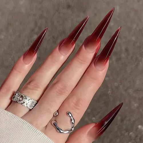 Vista 11 de MISUD Uñas a presión largas tipo Stiletto con pegamento de Rojo Gótico y Negro, diseño gótico cruzado acrílico, 24 piezas 02301Negro y Rojo