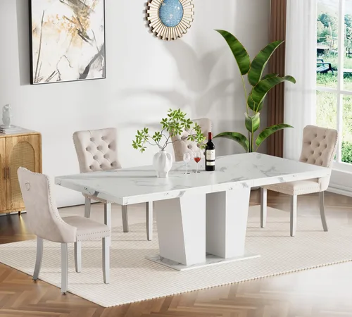 Vista 108 de Juego de mesa de comedor extensible de 5 piezas, juego de mesa de comedor extensible de estilo granja para 4, mesa de cocina expandible de madera