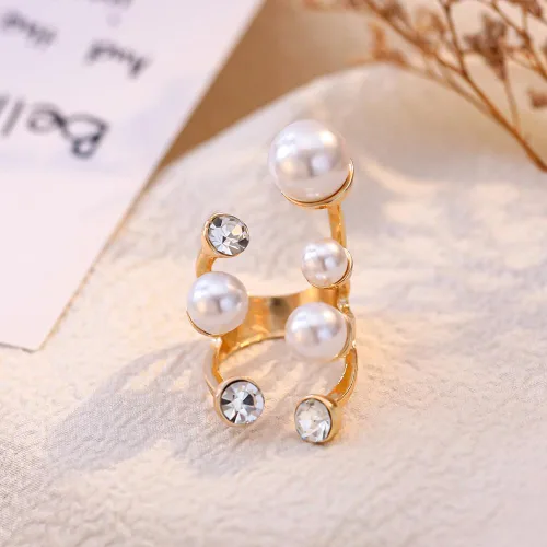 Vista 3 de Cicod Anillo de perlas vintage, apilables, anillos de perlas ajustables, anillo de dedo completo de perlas abiertas, joyería de moda para mujeres