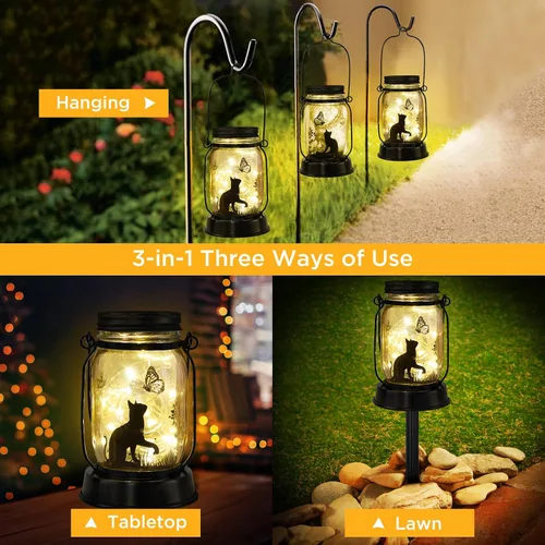 Vista 2 de kyoryuger Paquete de 2 faroles solares de gatos, regalos de Navidad para amantes de los gatos, mujeres, mamá, abuela, farol conmemorativo, estaca
