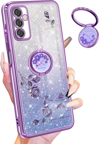 Vista 13 de Funda 3 en 1 para teléfono Samsung Galaxy A03S con purpurina brillante para mujeres y niñas, cubierta brillante con bonito diseño floral de flores