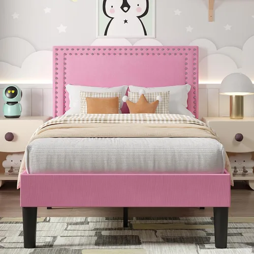 Vista 120 de VECELO Base de cama de plataforma de tamaño individual con cabecera tapizada de altura ajustable, base de colchón moderna, soporte de listones