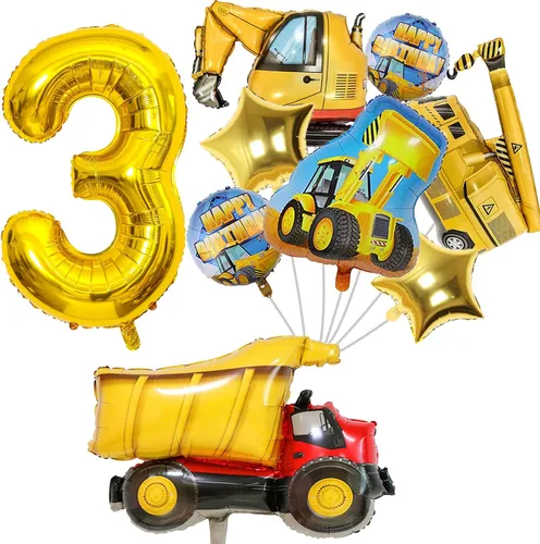 Vista 10 de Globos de construcción para el primer cumpleaños, 9 globos dorados de 40 pulgadas con el número 1 para excavadora grande, camión volquete, grúa