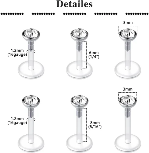 Vista 3 de QWALIT - Aretes de 16 g de labio transparentes con púas de plástico, joyería de piercing Medusa Labret, insertar en cartílago, pendientes de tragus