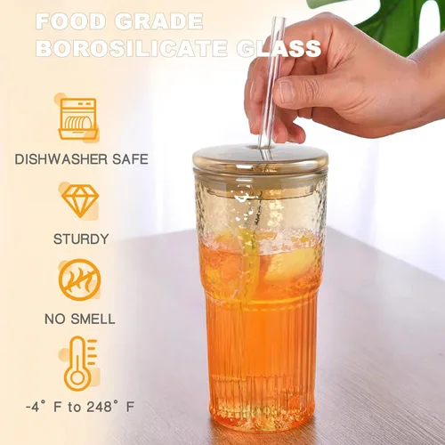 Vista 2 de JunVpic Tazas de vidrio con tapas y popotes, ámbar 20 OZ. Vasos para agua helada, zumo, té, leche, batido y bebidas frías o calientes, juego de 2