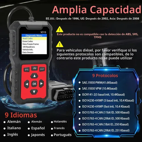 Vista 4 de V315 OBD2 Herramienta de diagnóstico, lector de código, herramienta de diagnóstico de luz de motor, probador de voltaje de batería, para coches