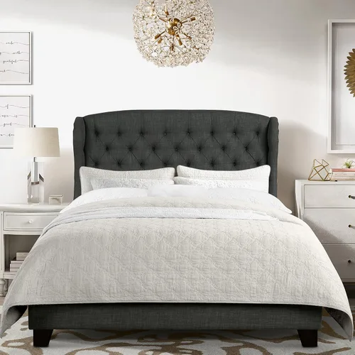Vista 13 de Rosevera Josie Wingback - Base de cama con cabecera capitoné de altura ajustable, marco de cama tapizado de tela, soporte de listones de madera Gris