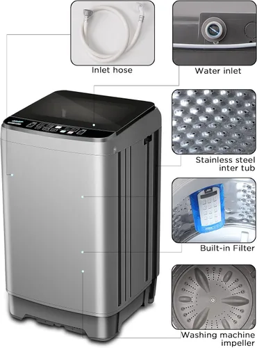 Vista 7 de KRIB BLING Lavadora completamente automática con pantalla LED, bomba de drenaje de lavadora de 25 libras, 10 programas y 8 opciones de niveles