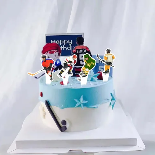 Vista 3 de 48 piezas de decoración de cupcakes de hockey para jugador de hockey sobre hielo para fiestas temáticas de hockey sobre hielo, fiestas temáticas