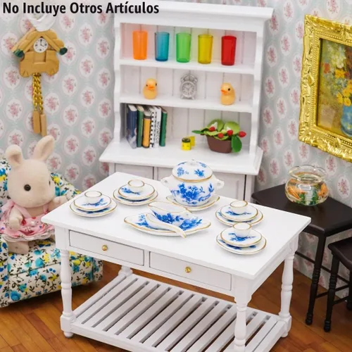 Vista 6 de Odoria Juego de vajilla en miniatura 1/12, 17 piezas, accesorios de decoración de casa de muñecas, flor azul